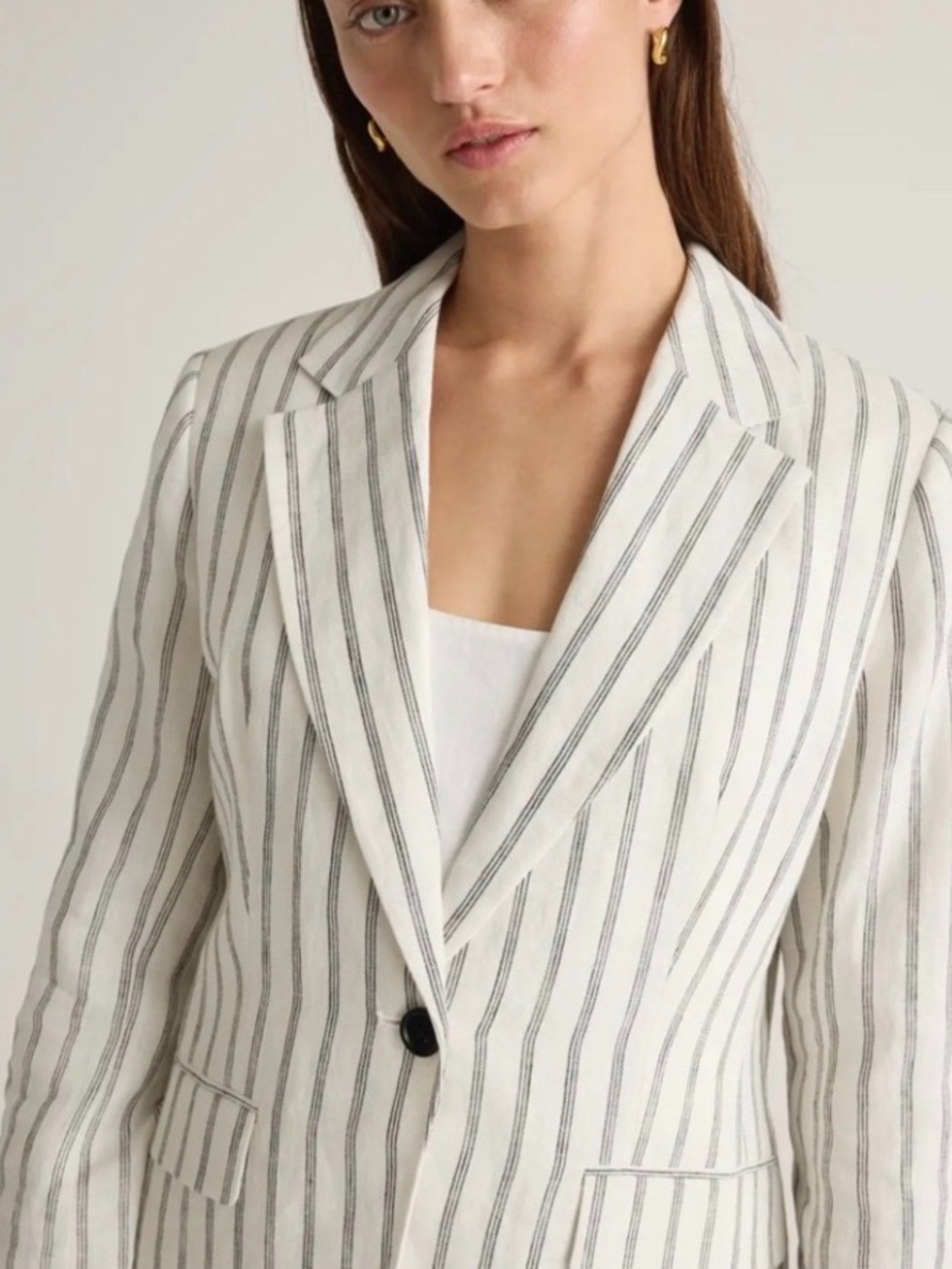 Quince Cream Blazer with Black Pinstripes